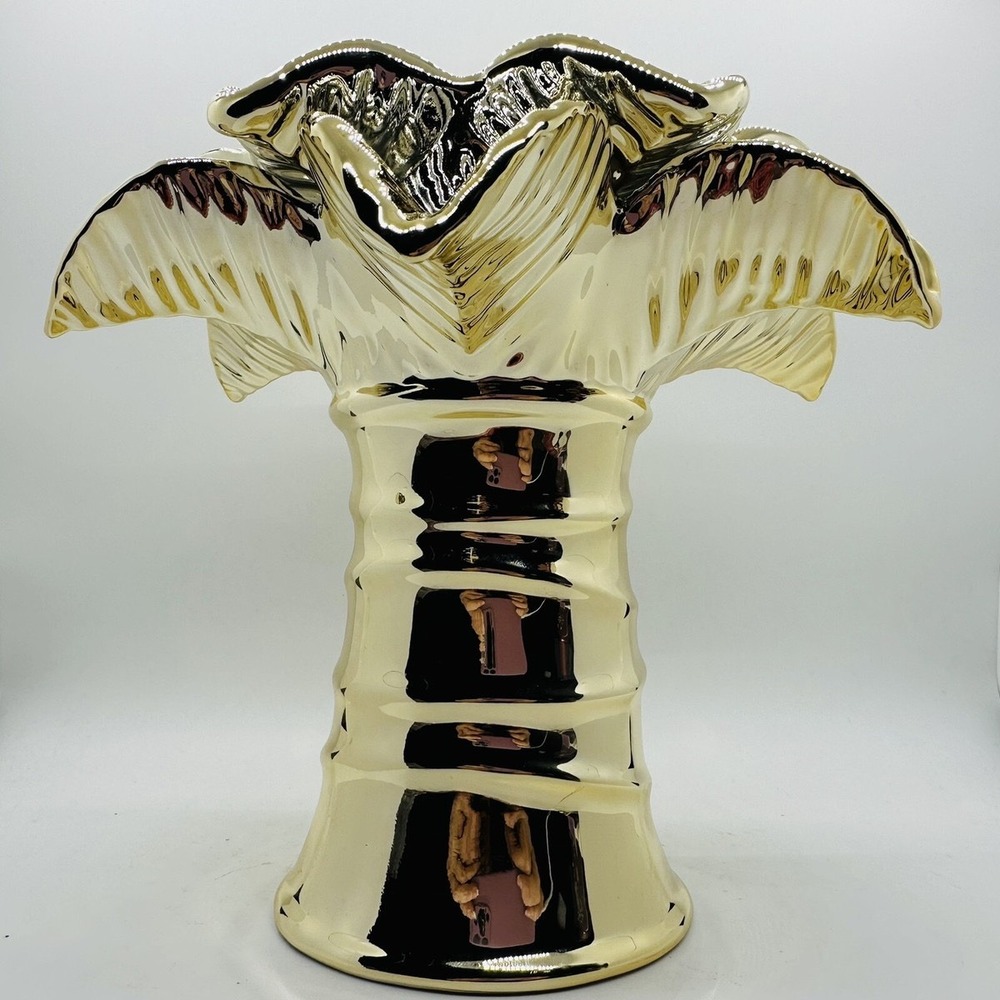 Bath & Body Works Gold Palm Tree 3-Wick Candle Holder Pedestal Ceramic
